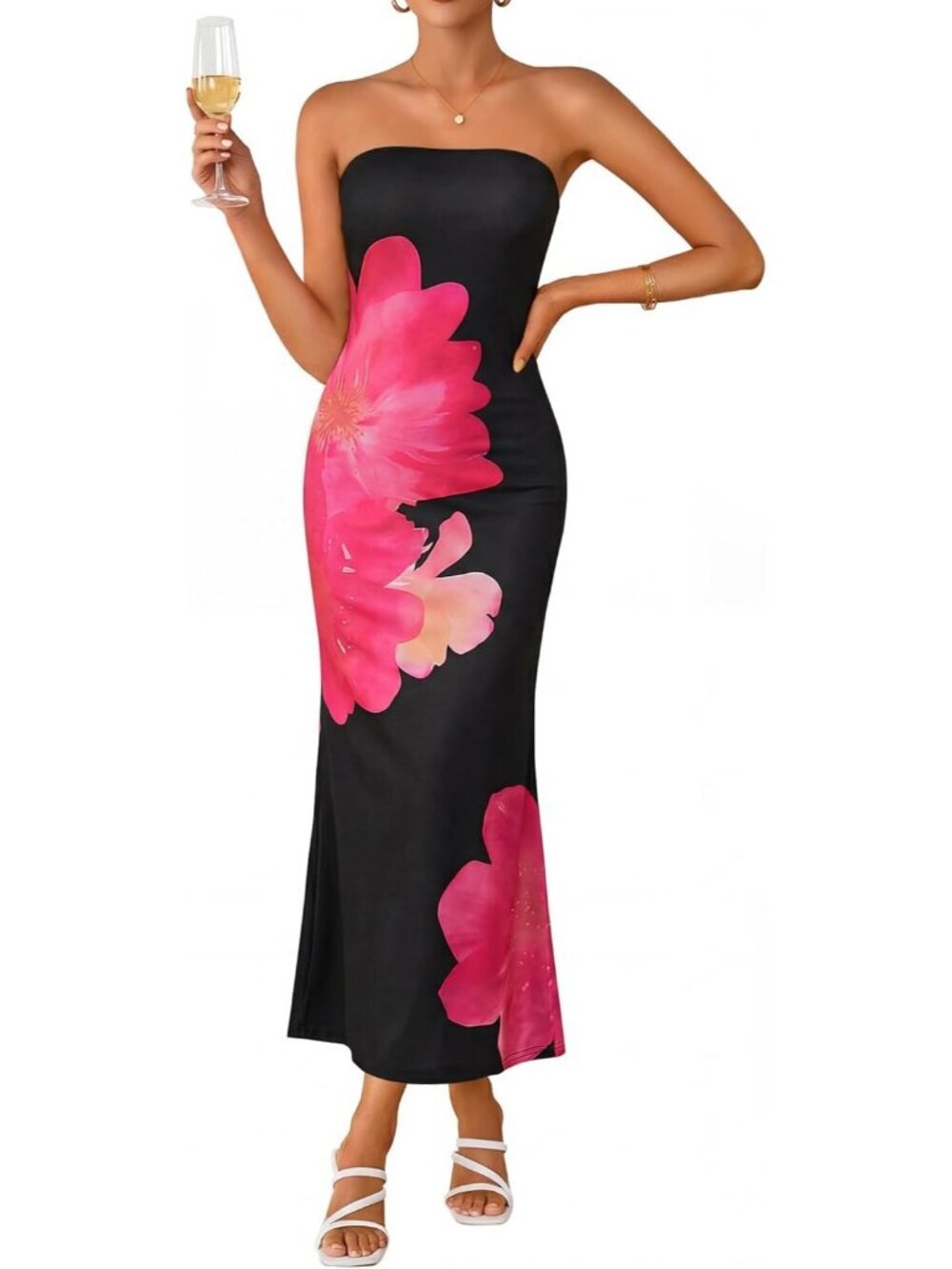 Women's Black Summer Formal Off Shoulder Strapless Floral Bodycon Maxi Dress